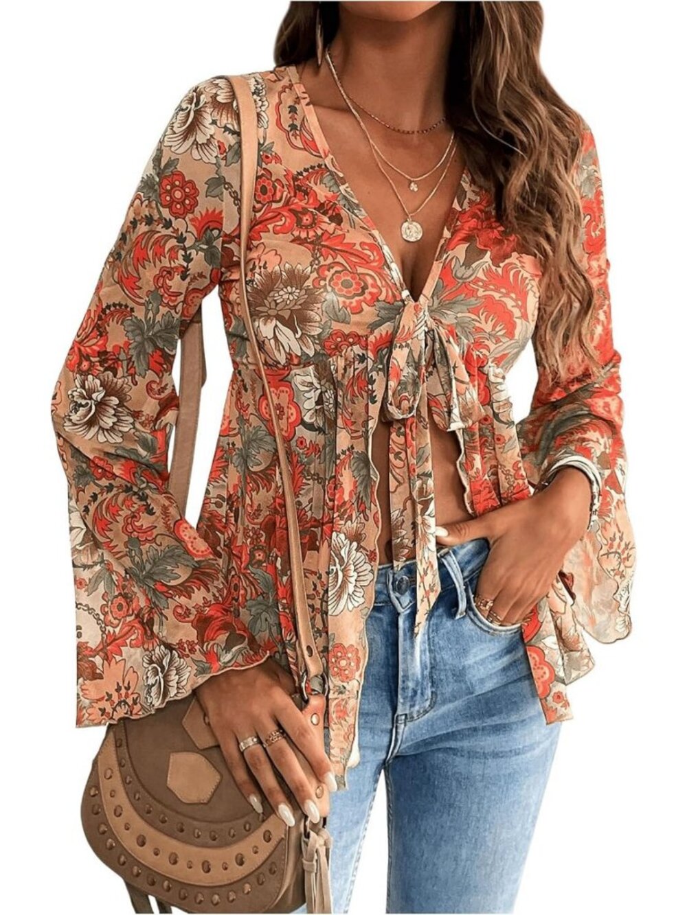 Chic Bell Sleeve Tie Front Sheer Mesh V-Neck Ruffle Peplum Blouse Top